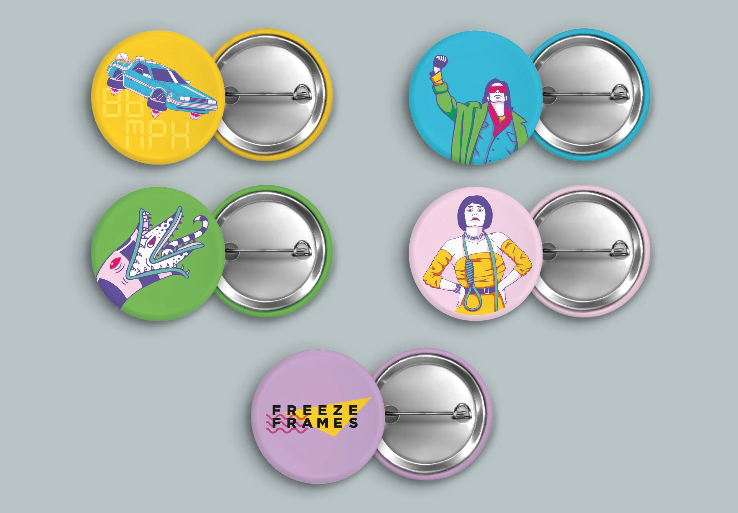 Collection of 5 pins with the delorian, John Bender, the sandworm, Mrs. White, and the Freeze Frames logo