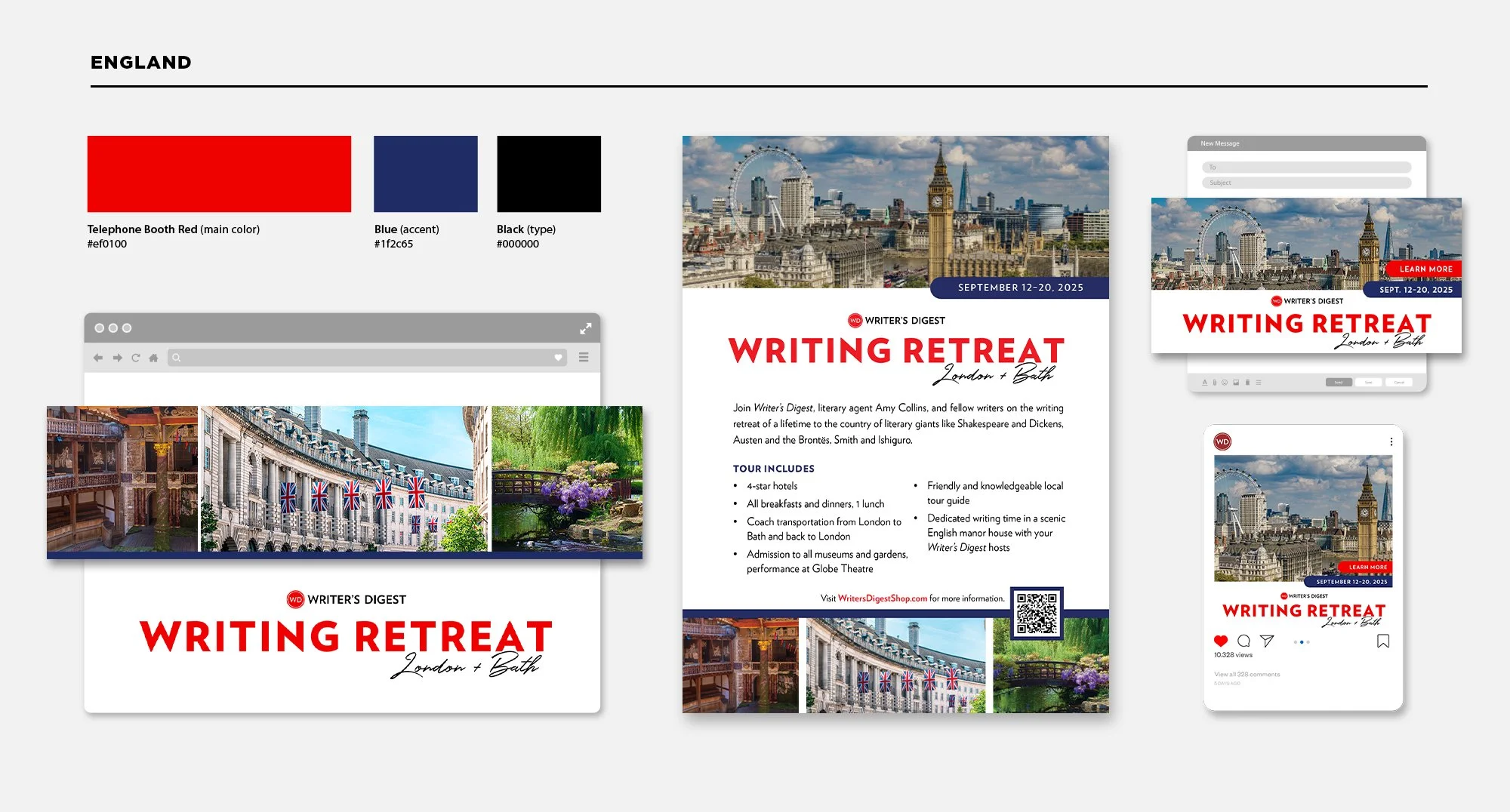 WD England Retreat Collateral: color palette, website header, print ad, email header and social image.