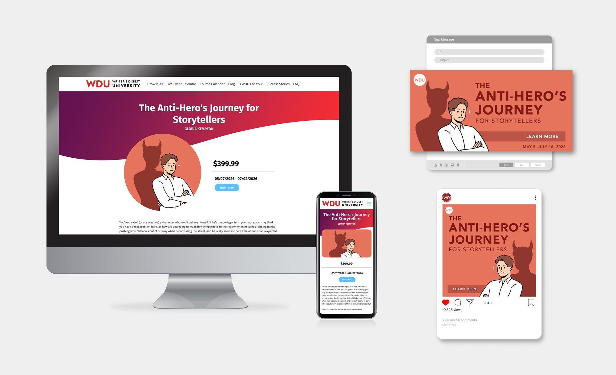WDU The Anti-Hero's Journey for Storytelling course website, mobile site, email header, and social media display