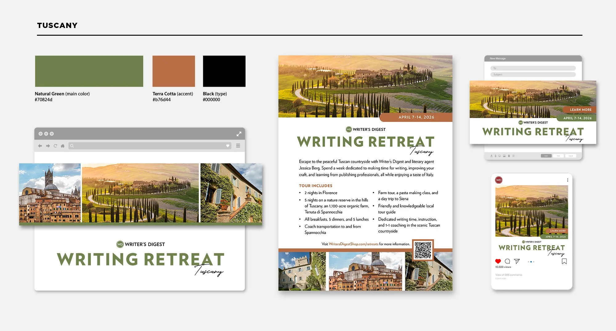 WD Tuscany Retreat Collateral: color palette, website header, print ad, email header and social image.