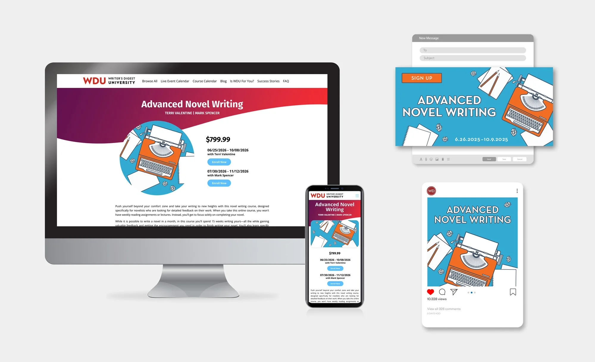 WDU Advanced Novel Writing course website, mobile site, email header, and social media display