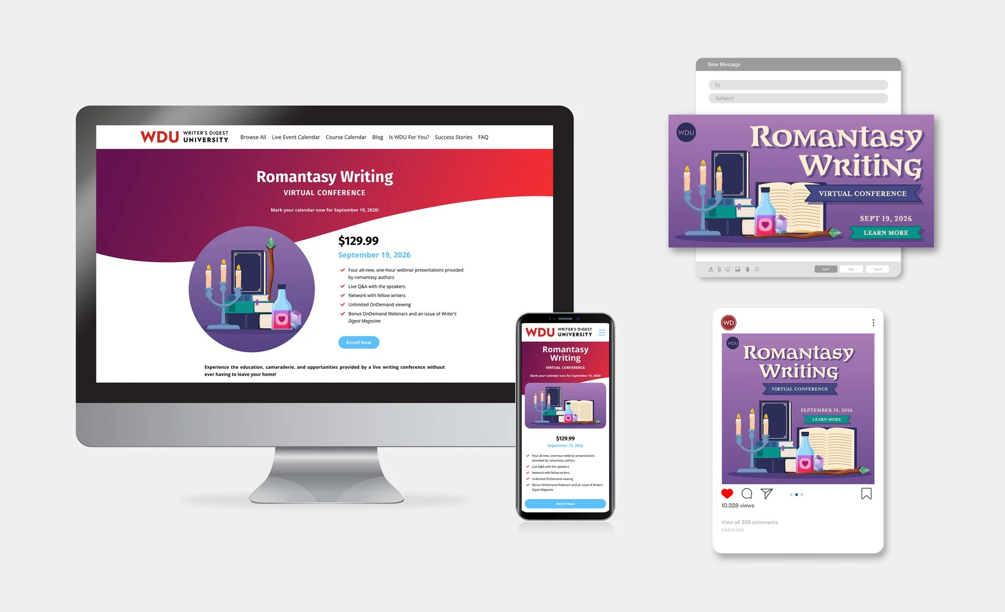 WDU Romantasy Writing Virtual Conference website, mobile site, email header, and social media display