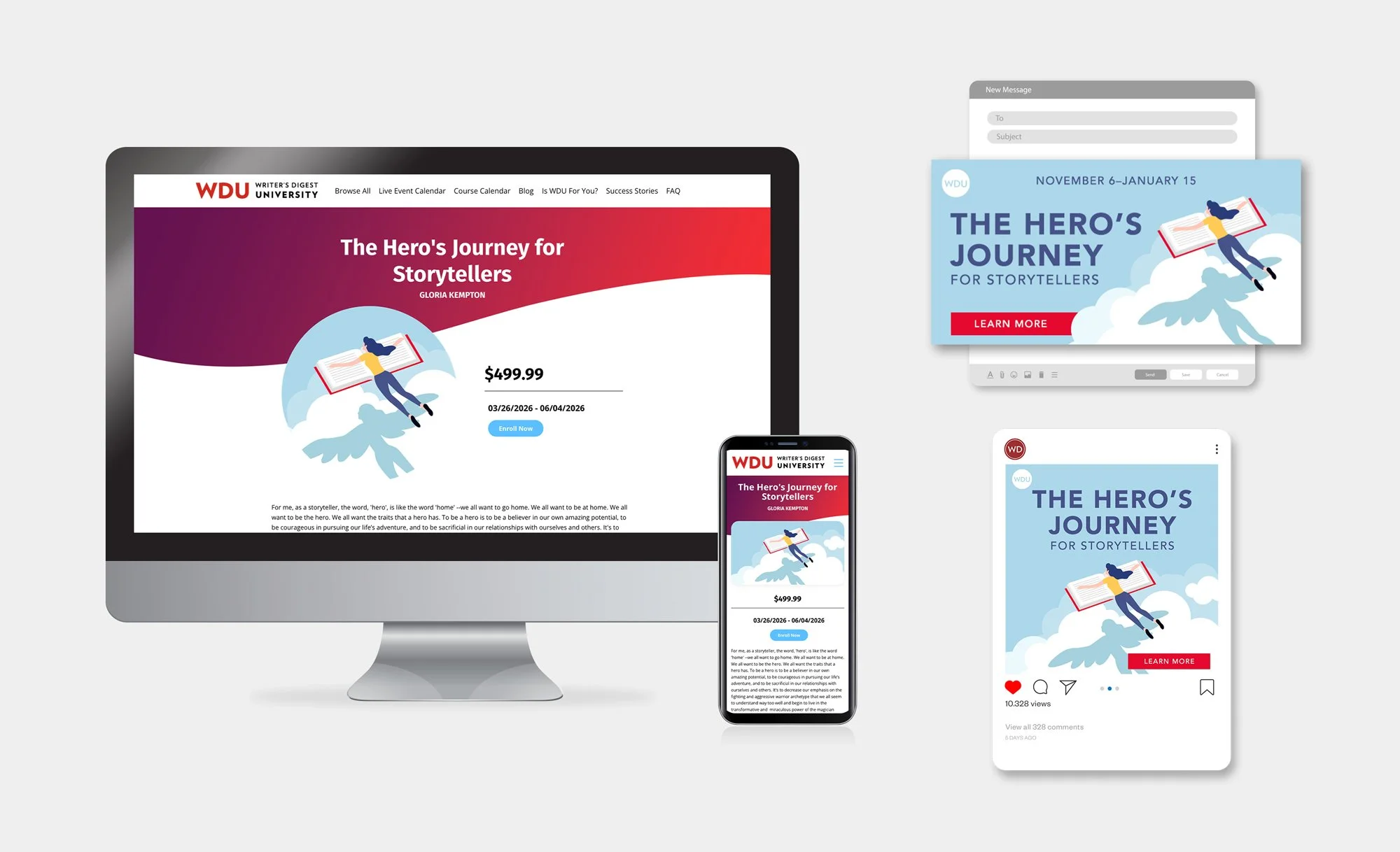 WDU The Hero's Journey for Storytelling course website, mobile site, email header, and social media display