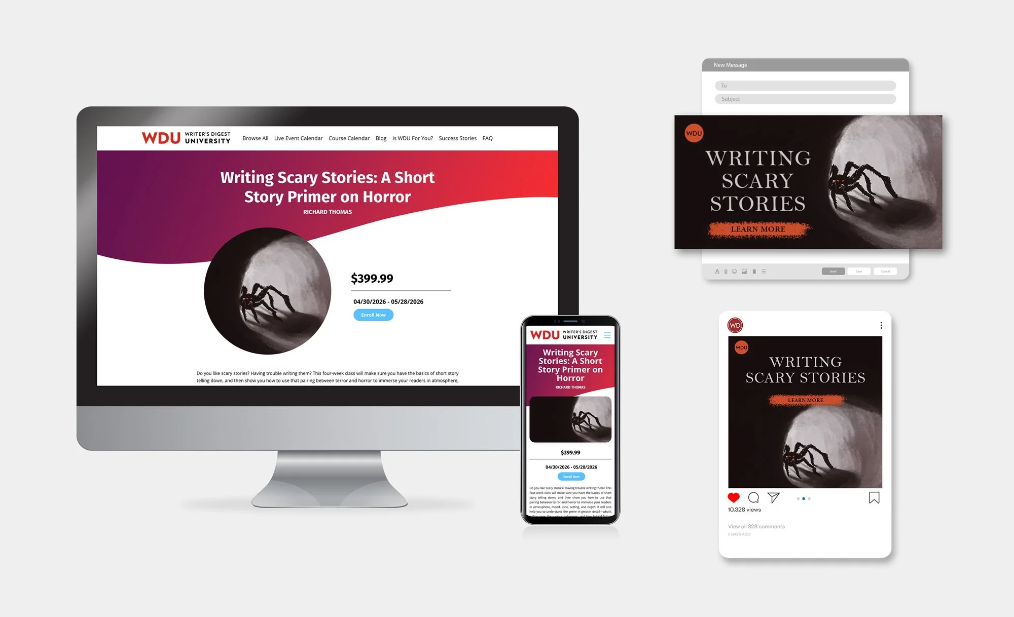 WDU Writing Scary Stories course website, mobile site, email header, and social media display