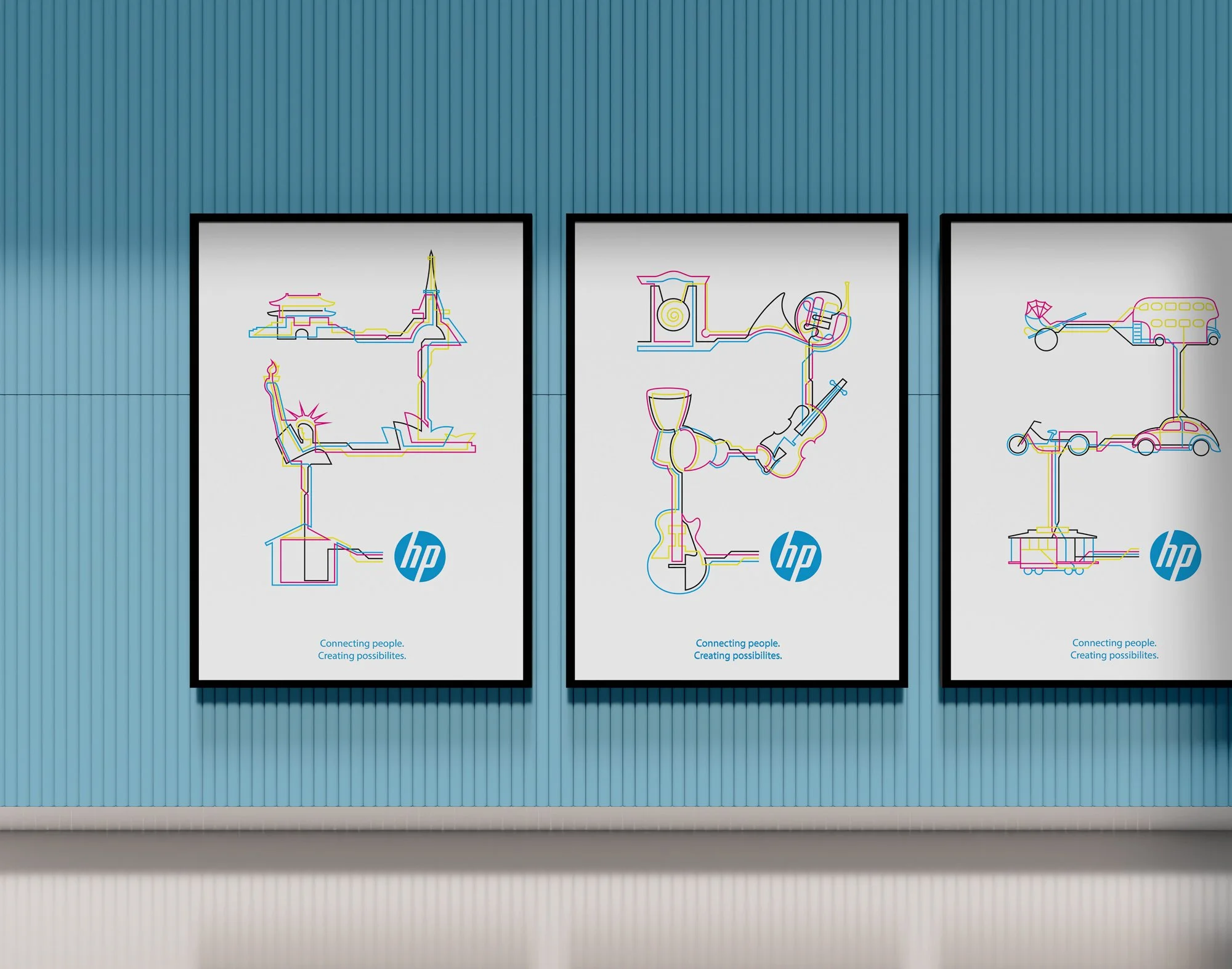 Display of 3 HP posters framed on a wall