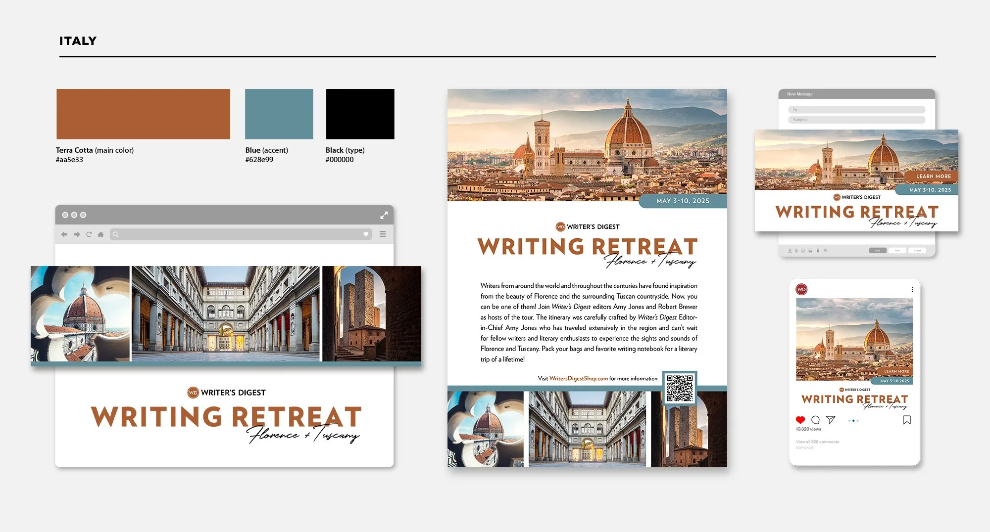 WD Italy Retreat Collateral: color palette, website header, print ad, email header and social image.