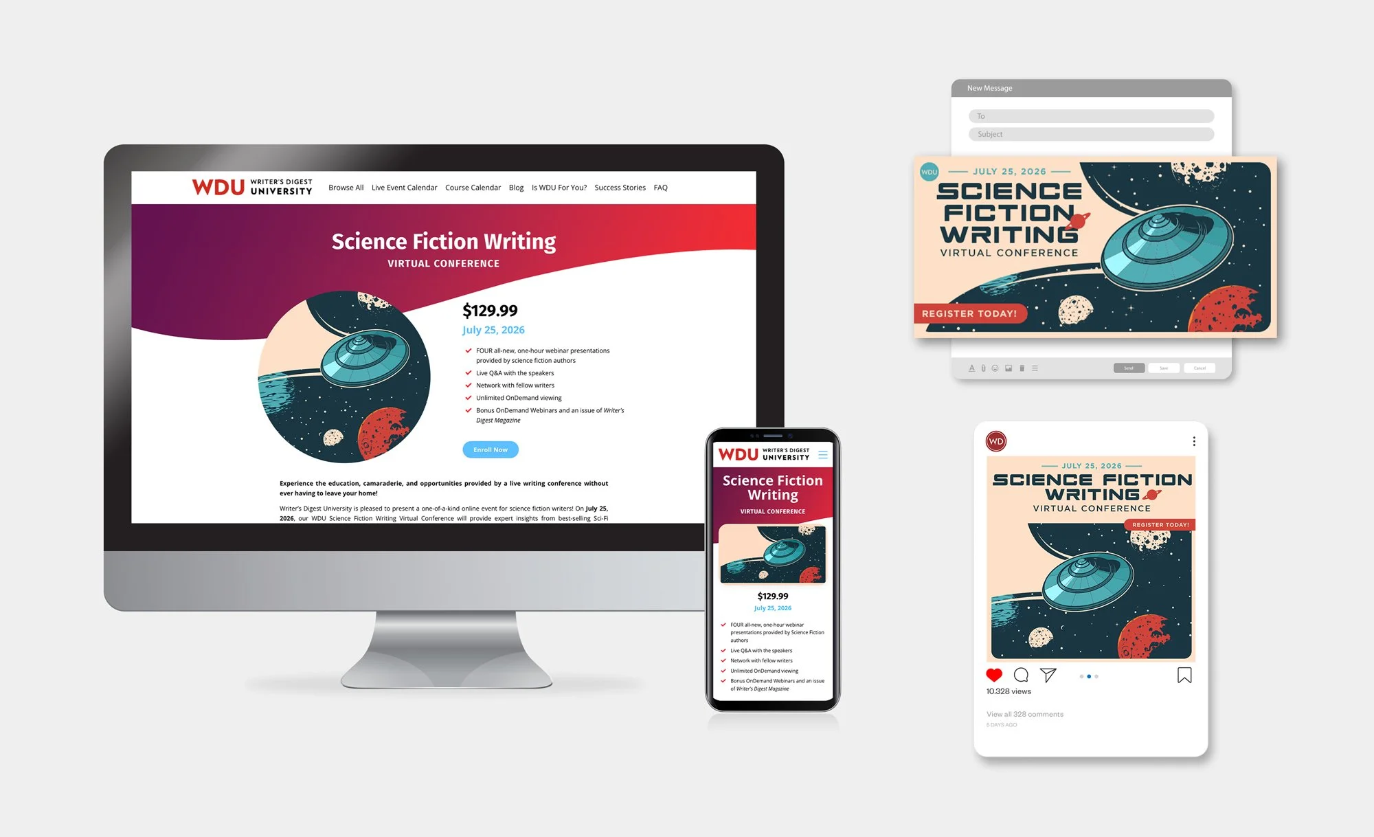 WDU Science Fiction Virtual Conference website, mobile site, email header, and social media display