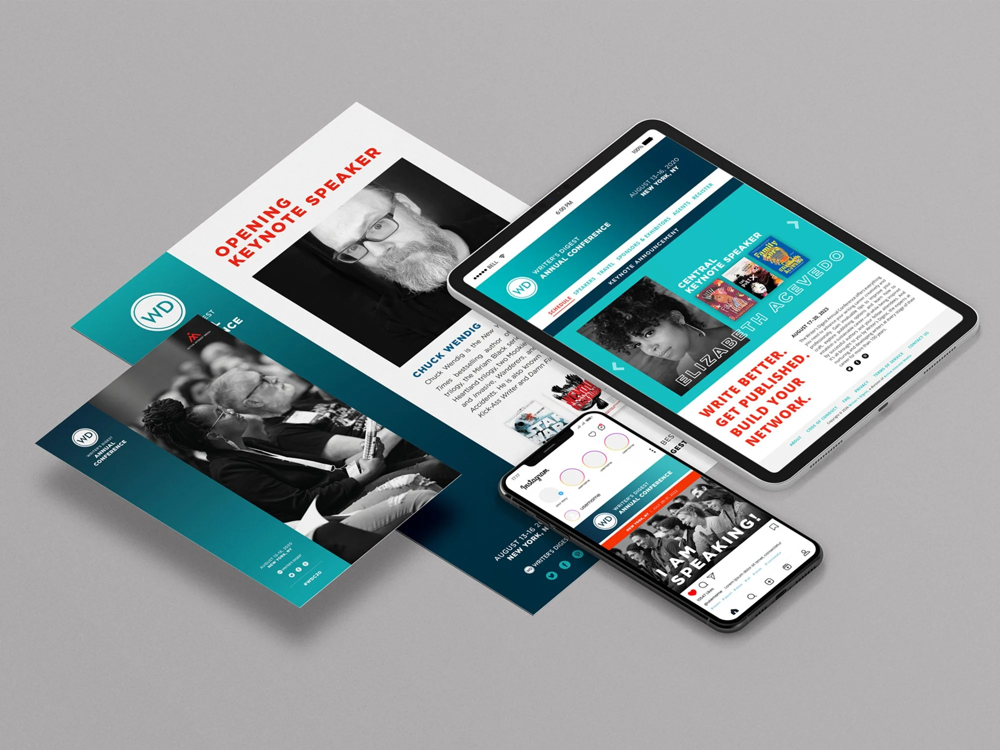 Isometric display of a rebrand highlighting a print ad, program cover, social media post, and website