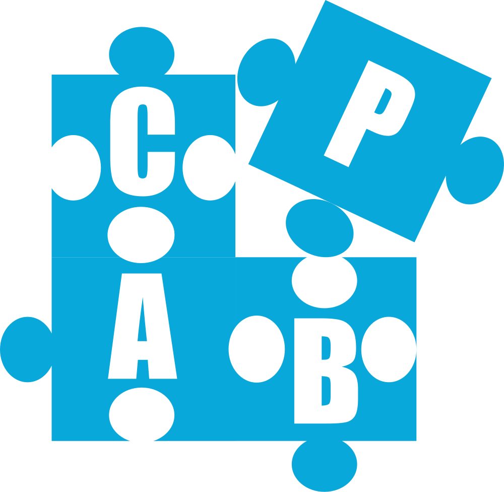 Puzzle pieces with the letters C, P, A, B in white on a blue background.