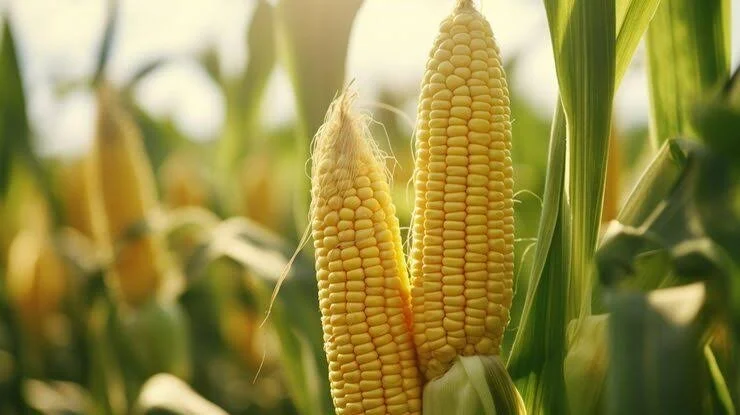 Close-up of two ears of corn growing in a field with green leaves, sunlight shining through.