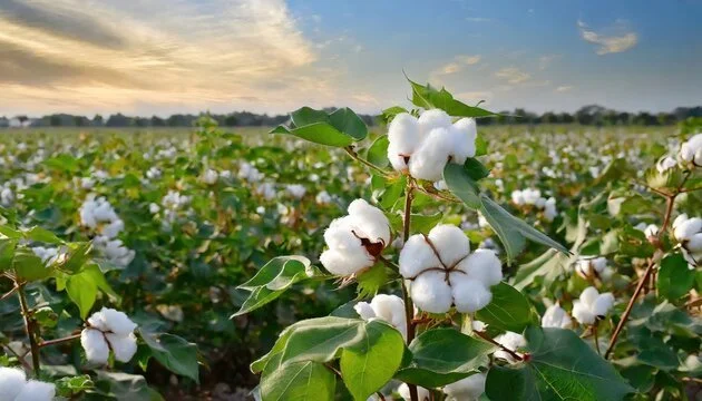 Cotton plants with white cotton bolls in a field under a partly cloudy sky.