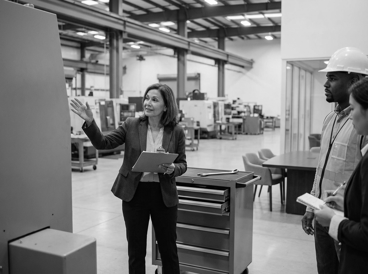 A woman in business attire gives a presentation or instruction to two workers, one male wearing a hard hat, in a manufacturing or industrial setting with machinery and workstations in the background.