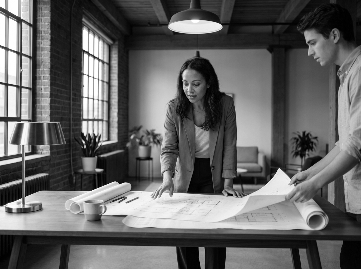 Two architects reviewing blueprints on a table in a modern office with large windows and exposed brick walls.