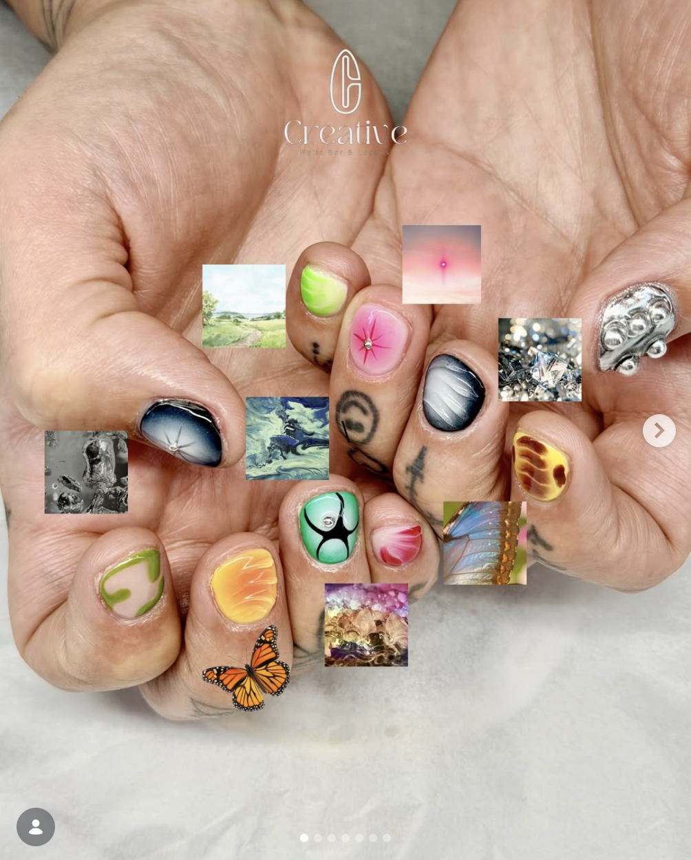 Close-up of a person's hands with intricate and colorful nail art, tattoos, and small digital images of nature, abstract designs, and a butterfly overlaid on the photo.