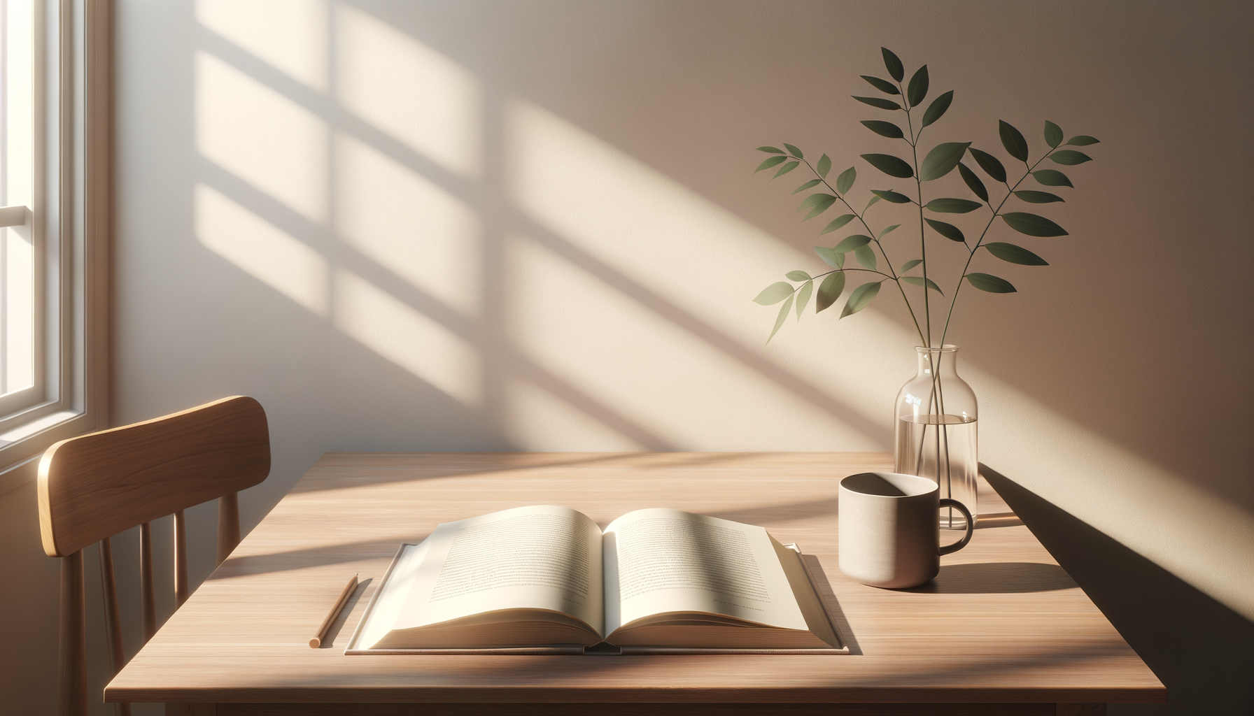 A wooden table near a window with sunlight casting shadows. On the table are an open book, a pencil, a ceramic mug, and a glass vase with green leaves.