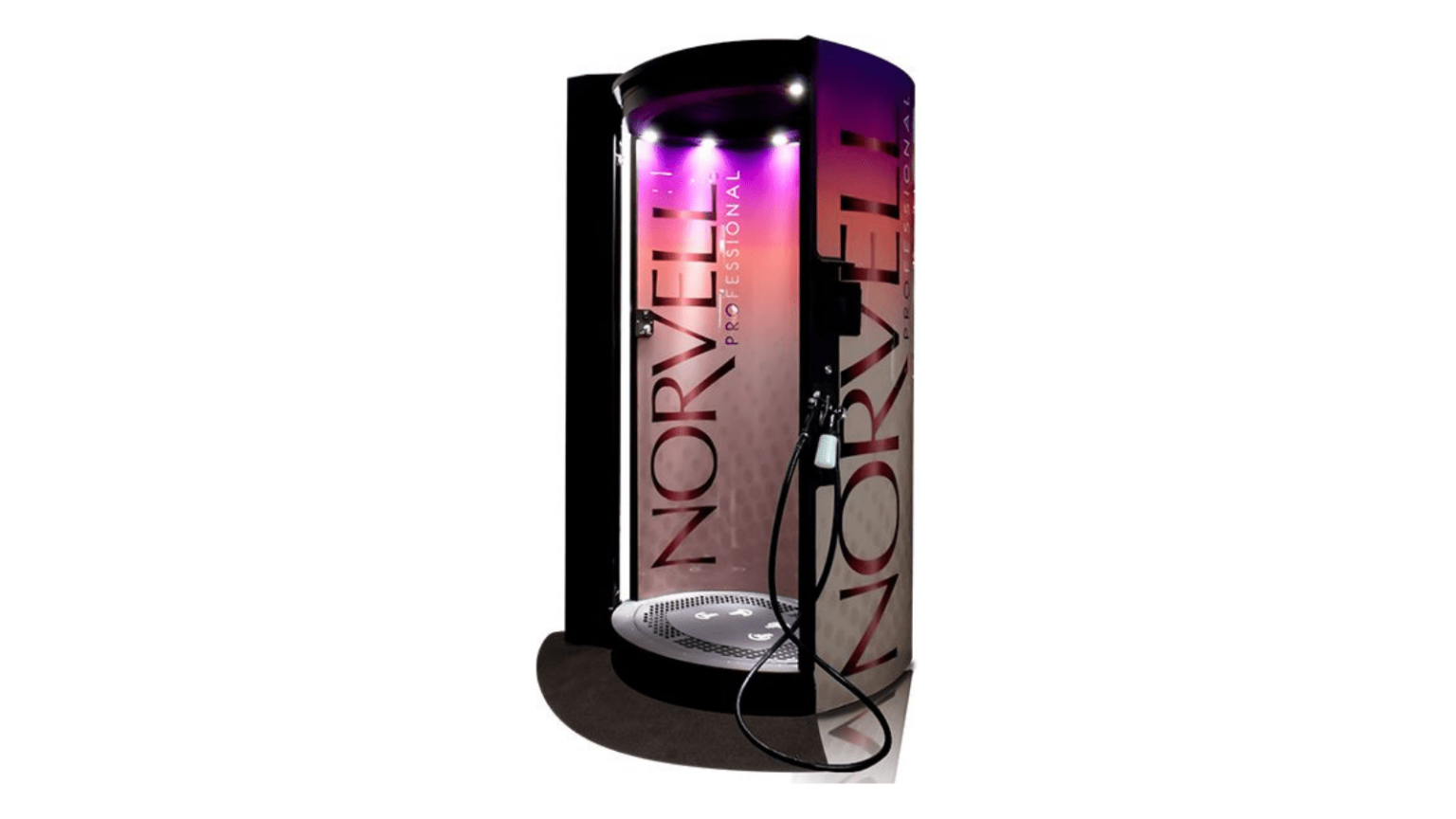 A professional phone booth with the brand name "NORYVELL" on it, featuring purple lighting and a corded phone inside.
