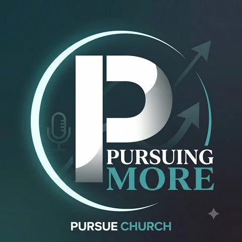 Logo for Pursuing More Church featuring a stylized letter P, a microphone, and upward arrows.