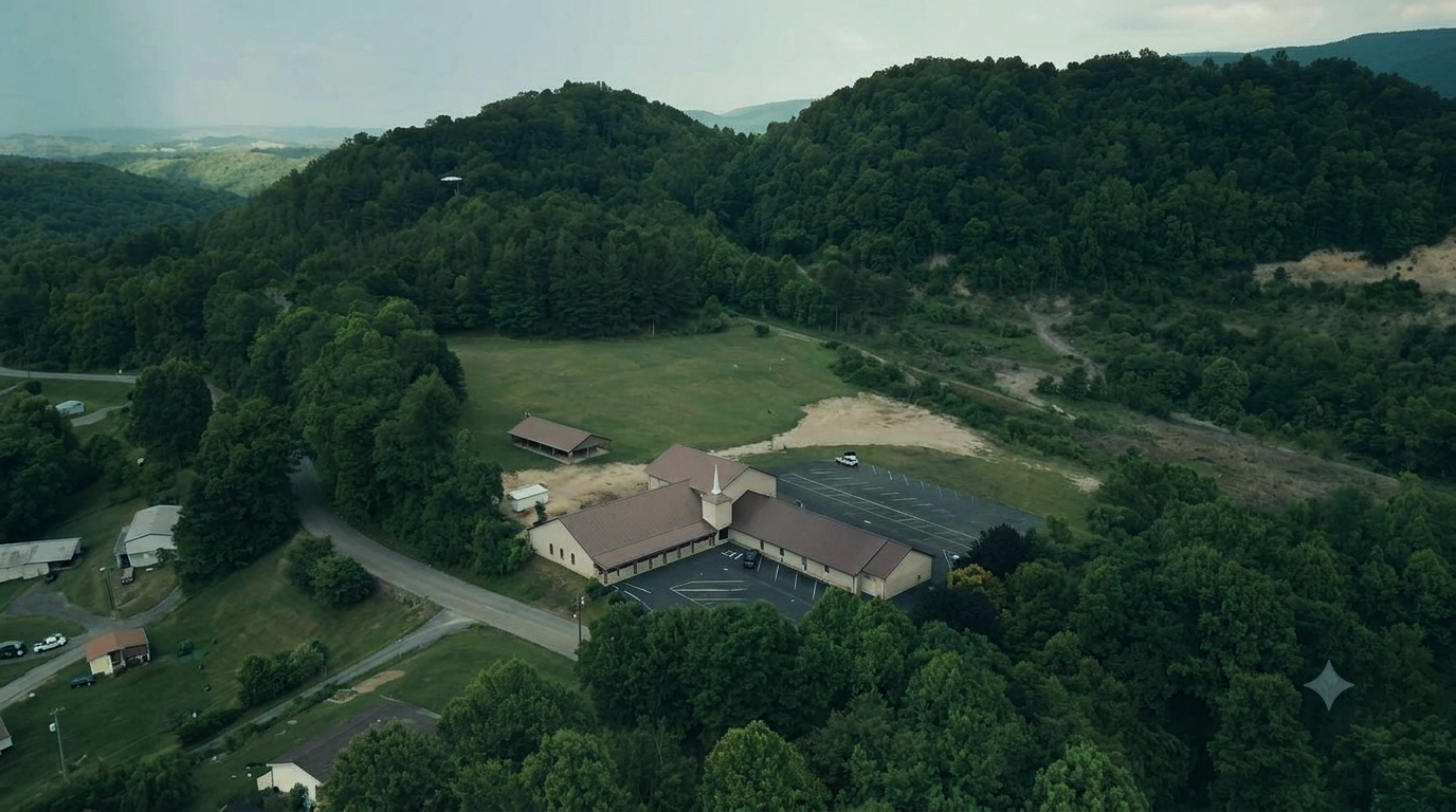 Aerial view of a large building with a brown roof, surrounded by dense green trees, a parking lot with few cars, and open fields, set in a hilly, forested landscape.