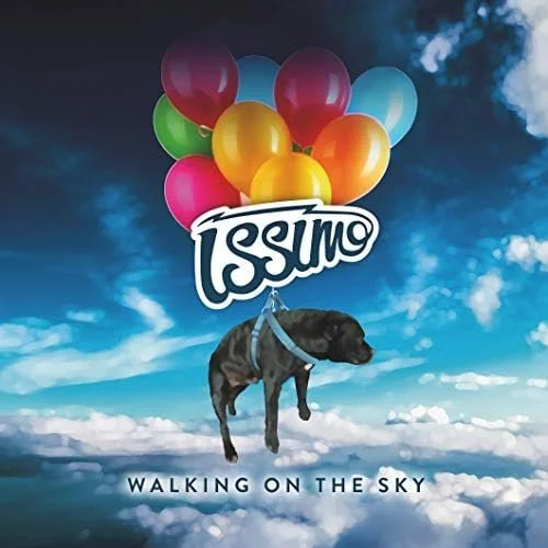 Dog floating in the sky holding colorful balloons with a logo that says 'Izumi' and the text 'Walking on the Sky'.
