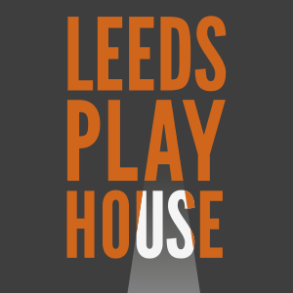 Text on a dark gray background reads 'LEEDS PLAY HOUSE' with the word 'HOUSE' in white and the rest in orange, positioned vertically.