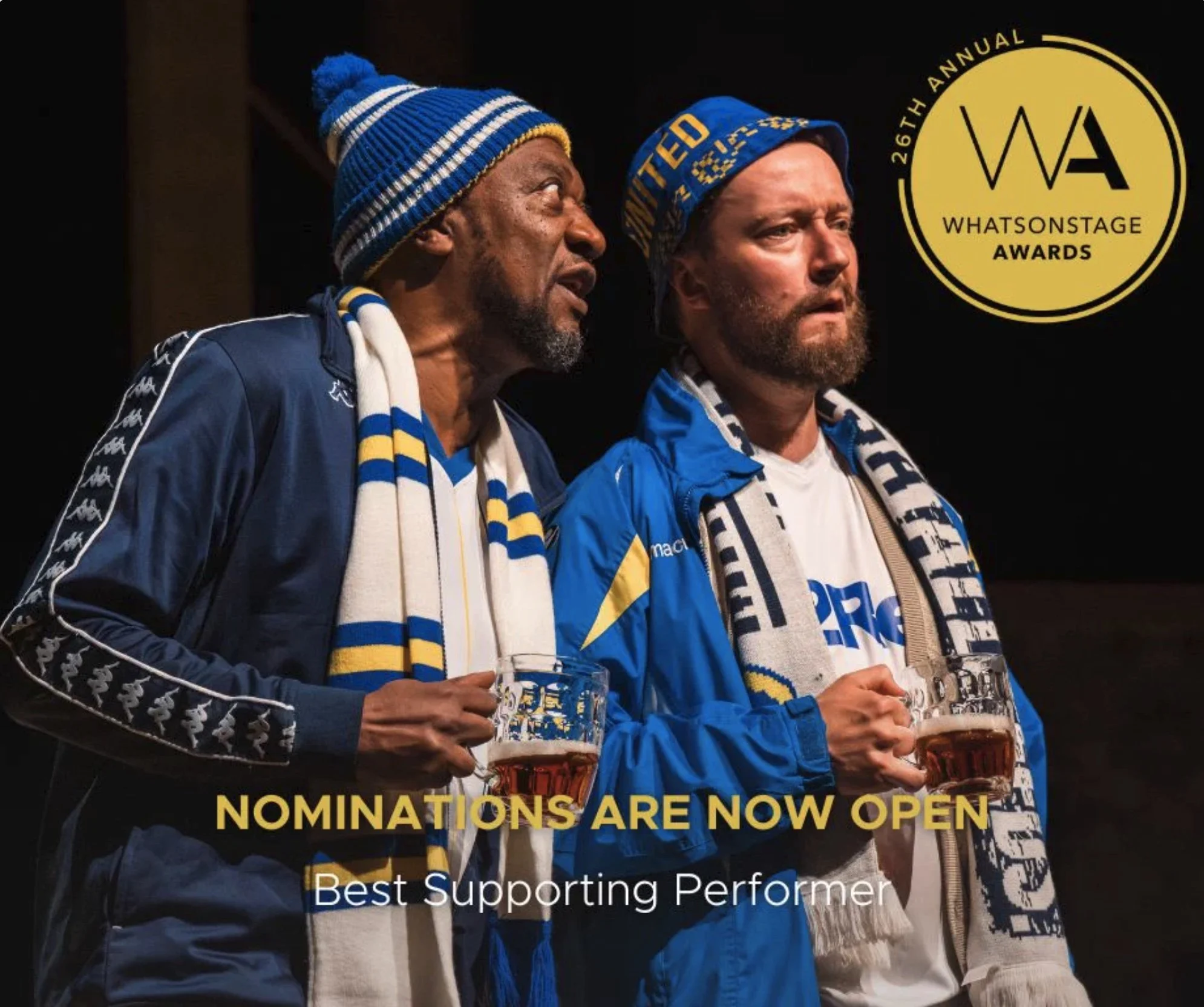 Two men wearing blue and yellow scarves and hats holding beer mugs, standing in front of a black background with a yellow logo for the WA Awards and text indicating nominations are open for supporting performers.