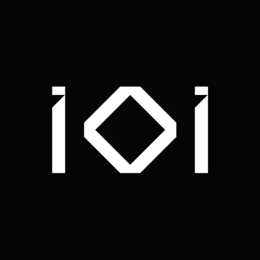 Black background with white geometric design, consisting of two vertical lines and a diamond shape in the center.