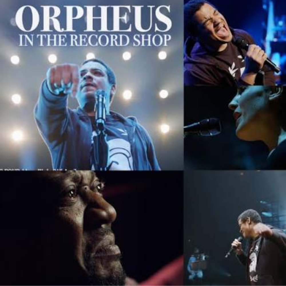 Collage of four images of musicians performing. The top left shows a man pointing towards the camera with a microphone in front of him and the words 'Orpheus in the Record Shop' above. The top right shows a woman singing passionately into a microphon