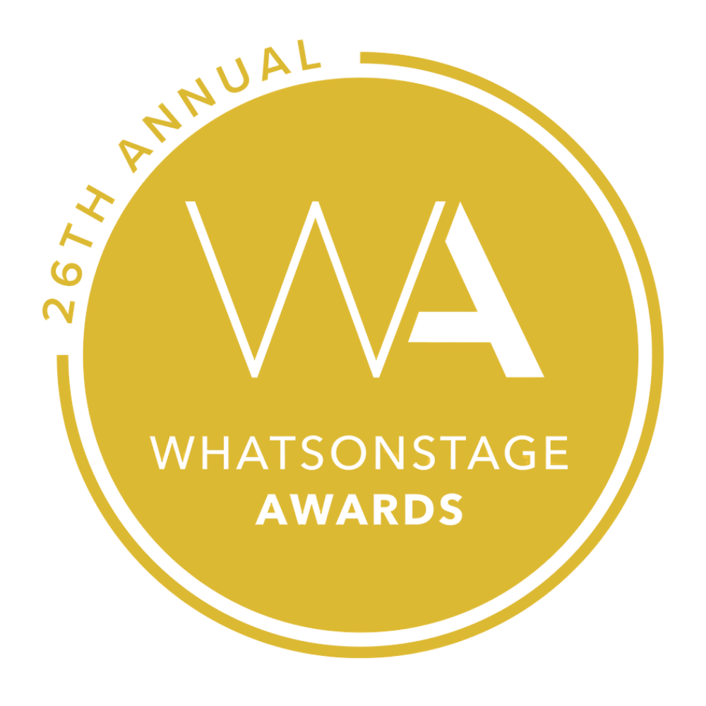 Logo for the 26th Annual WhatOnStage Awards with black and gold colors, featuring a stylized 'W' and 'A' in the center, and text around the circle indicating the event name and number.