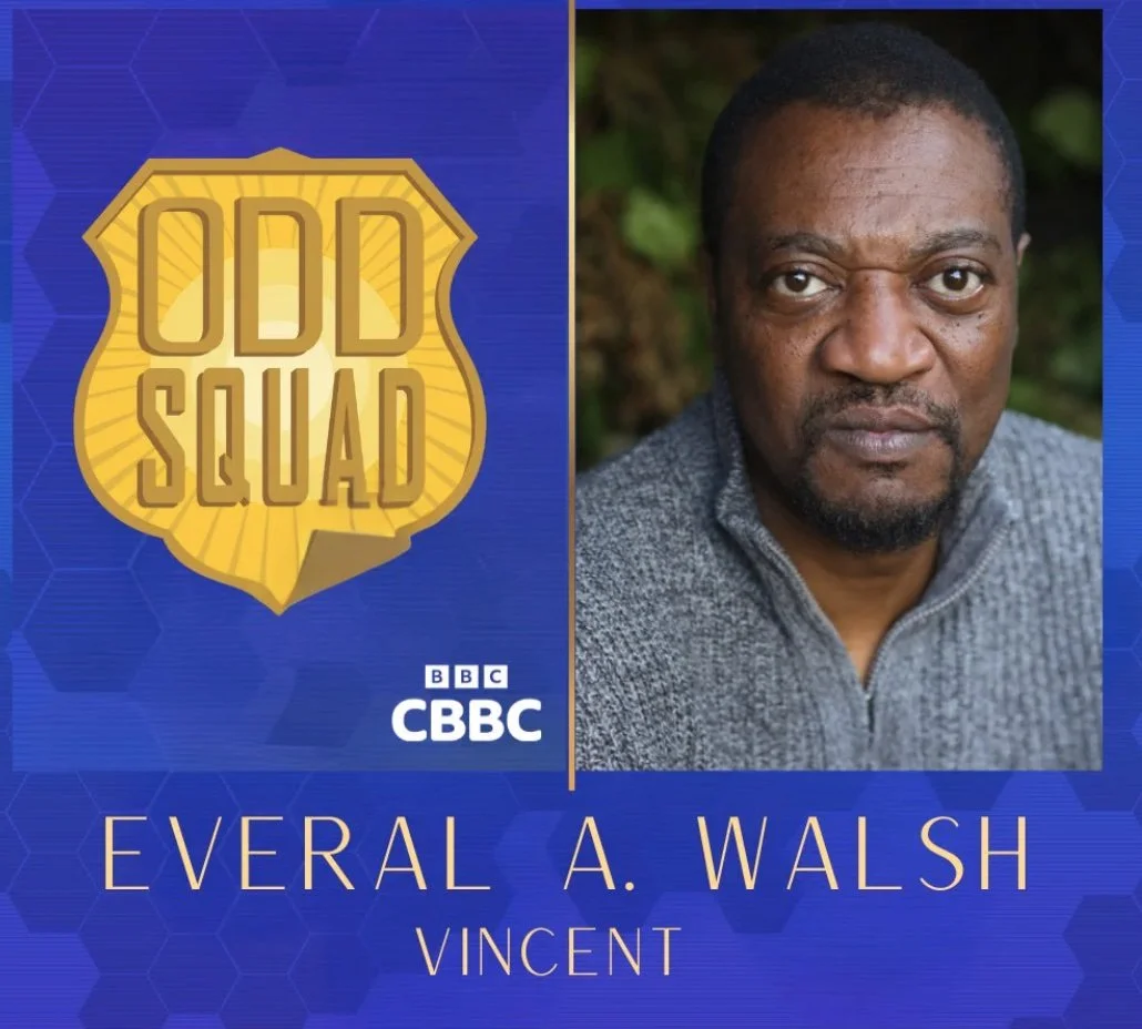 Design for BBC's Odd Squad featuring a man named Everal A. Walsh with a serious expression in a gray sweater, set against a blue hexagonal patterned background.