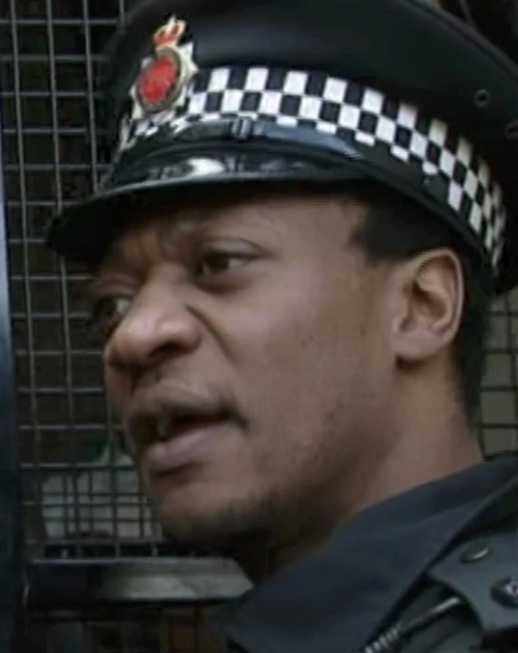 Close-up of a person wearing a police hat with a checkered band and an emblem, with part of their face and eye visible in front of a black wire fence.