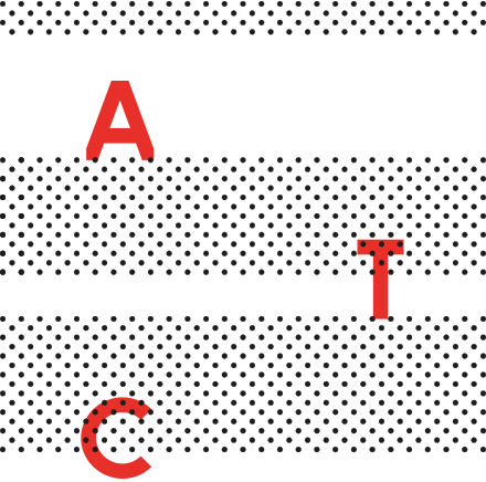 Diagram of the alphabet with letters A, T, and C highlighted in red, featuring connecting lines and a dotted background.