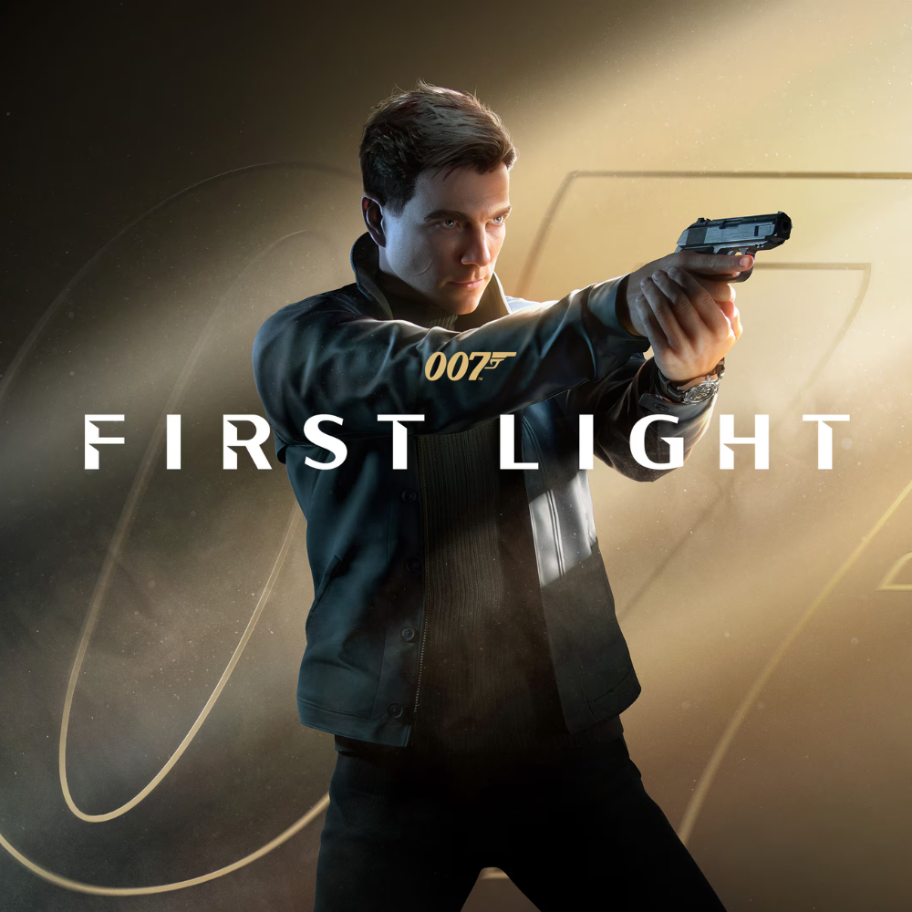 A man holding a gun in a shooting stance with the text "First Light" and a "007" logo in the background.