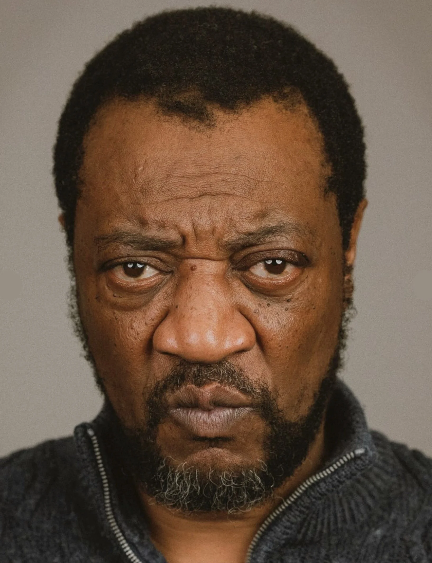 Close-up of a middle-aged man with dark hair, facial wrinkles, a beard, wearing a black zippered sweater against a plain background.