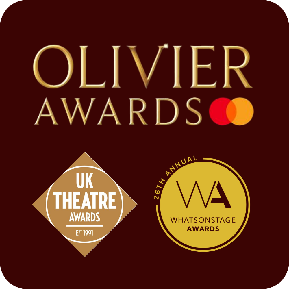 Image of the Olivier Awards logo with two additional award logos below, one for the UK Theatre Awards and another for the Whatsonstage Awards, on a dark red background.
