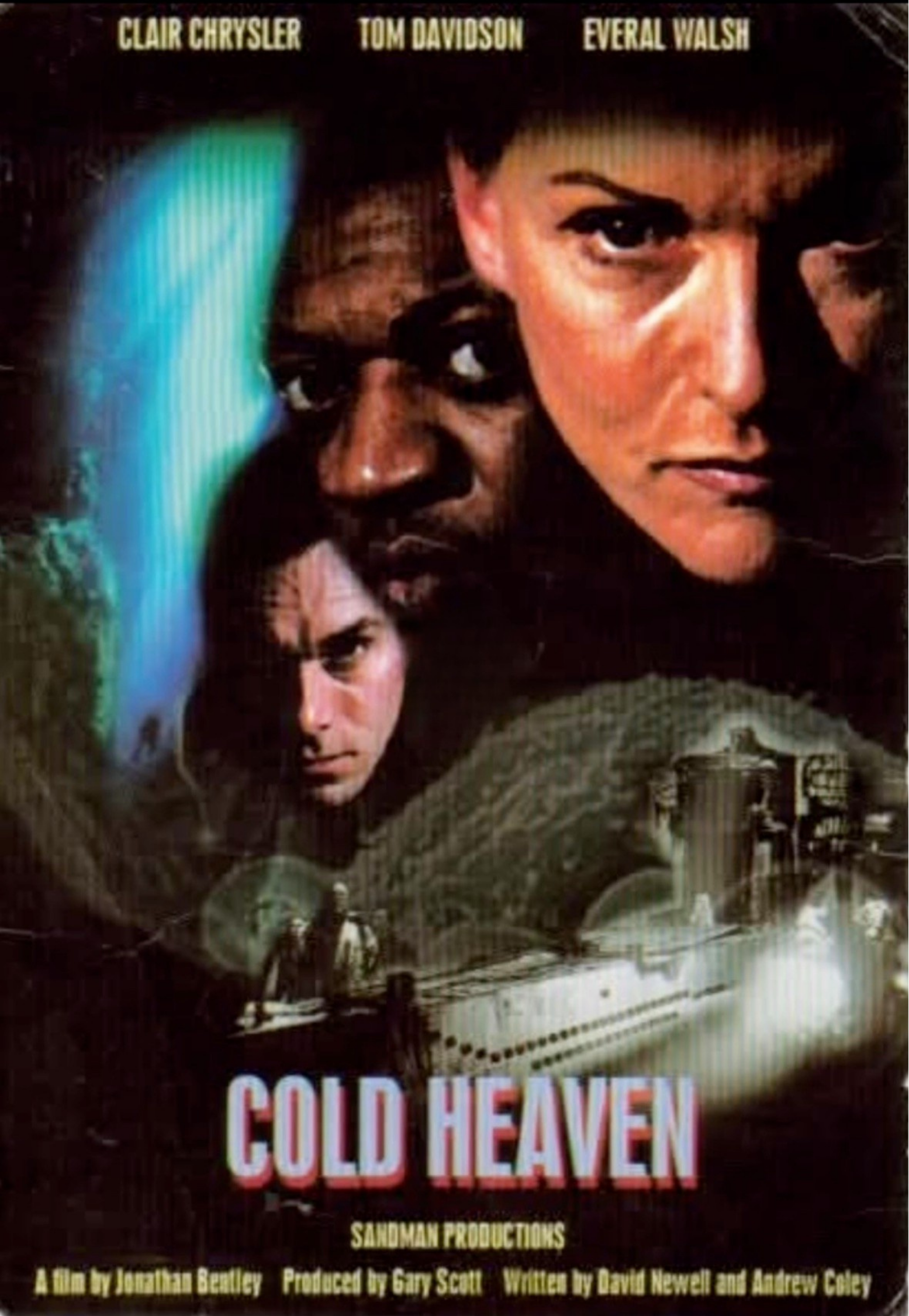 Movie poster for 'Cold Heaven' featuring three main characters: a woman with dark hair and fierce expression, an African American man with serious look, and a young man with long dark hair, set against a dark background with text listing actors and p