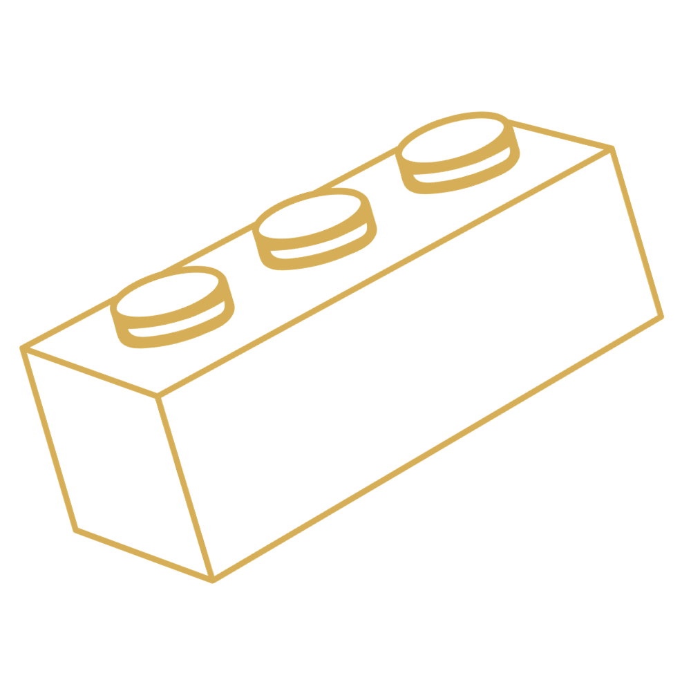 Outline drawing of a classic LEGO brick with three circular studs on top, in a metallic gold color.
