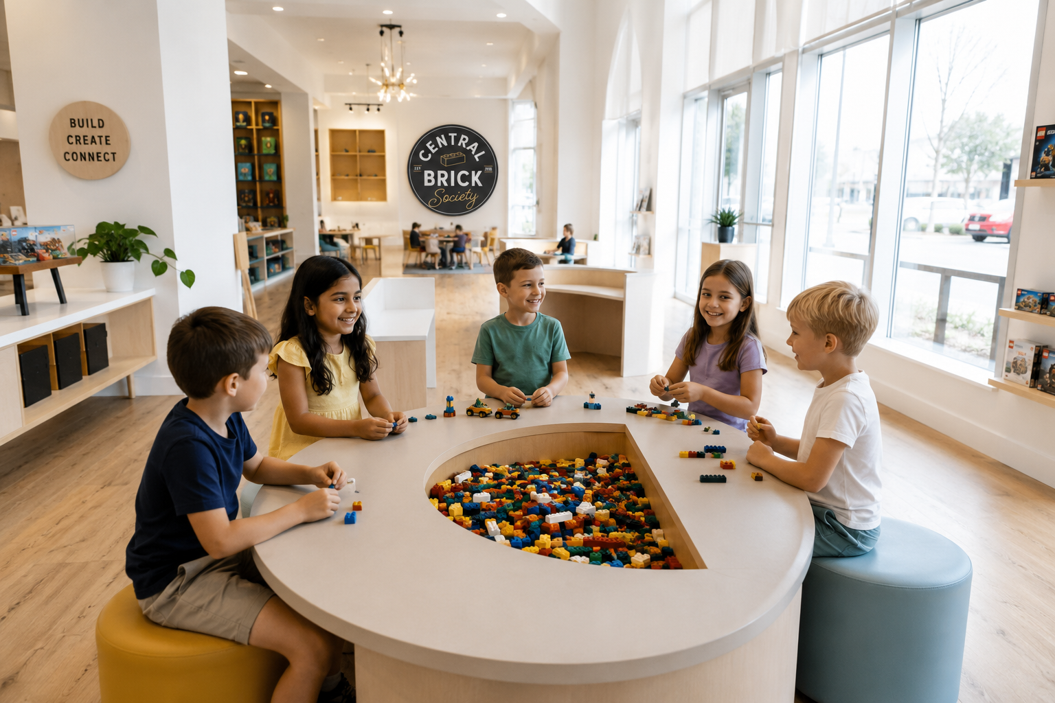 Children playing with LEGO bricks at a round table inside a bright, modern building with large windows and wooden floors.