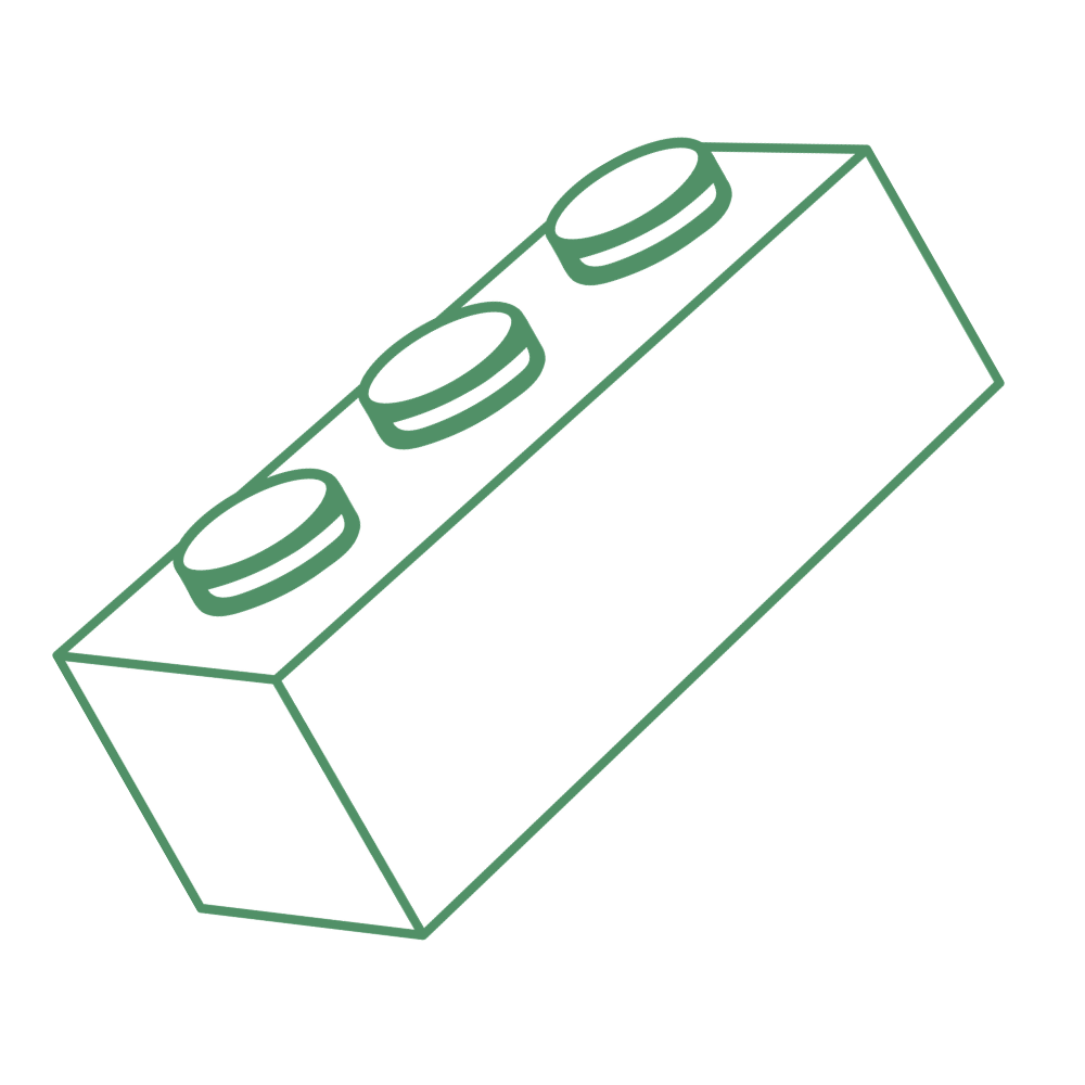 Outline drawing of a single, green LEGO brick with three circular studs on the top.