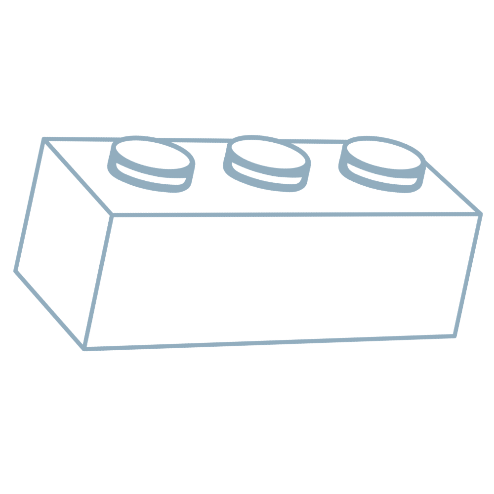 A digital line drawing of a LEGO brick with three circular studs on top, shown from an angled side view.