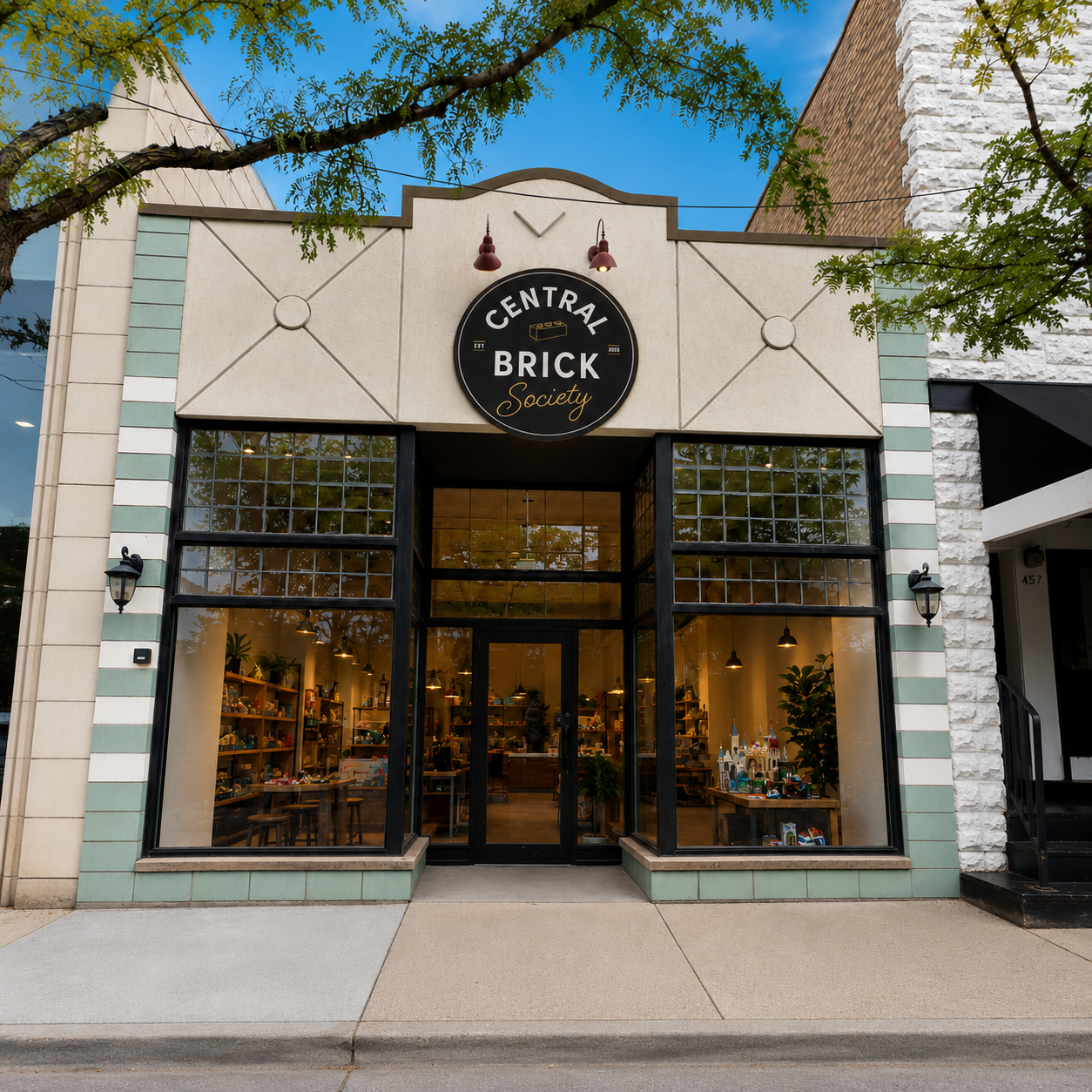 Storefront with large glass windows displaying items inside. Sign reading 'Central Brick Society' above the entrance. Trees with green leaves partially frame the building.