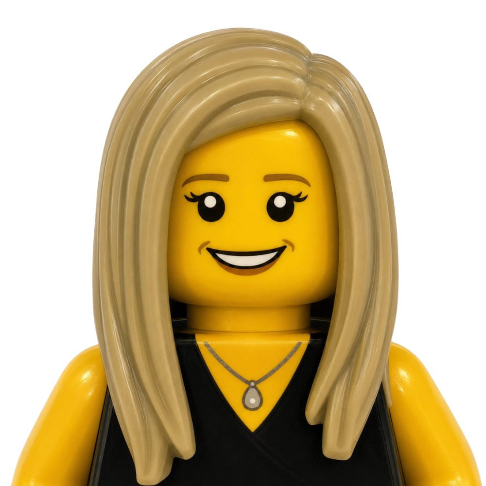 LEGO woman figure with blonde hair, smiling face, and black top with a necklace.