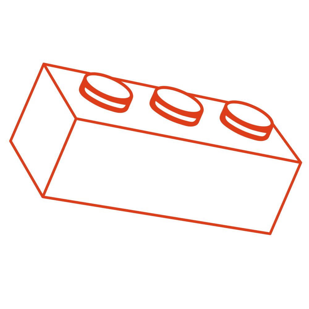 A red outline drawing of a building block brick with three circular holes on top, set against a black background.