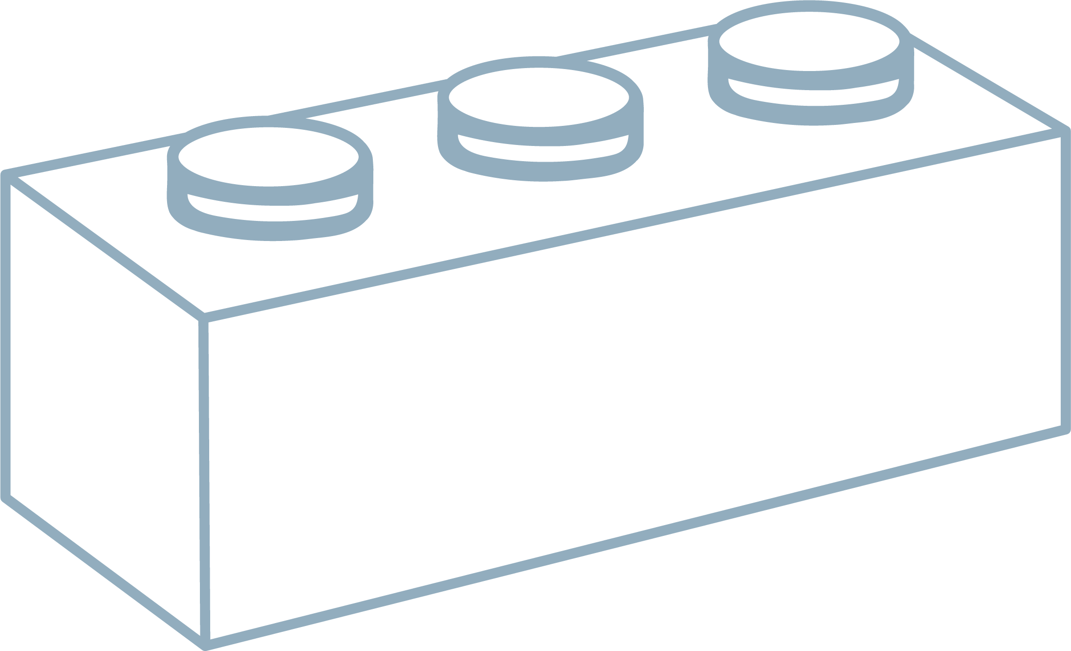 Line drawing of a LEGO brick with four studs on top.