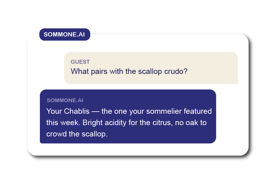 Chat conversation on SOMMONE.AI about pairings with scallop crudo, mentioning Chablis wine.