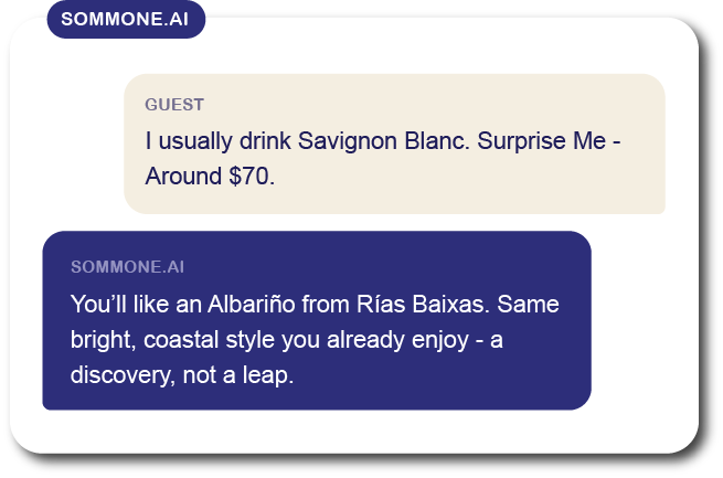 Screenshot of a conversation discussing wine, mentioning Savignon Blanc and Albariño from Rías Baixas.