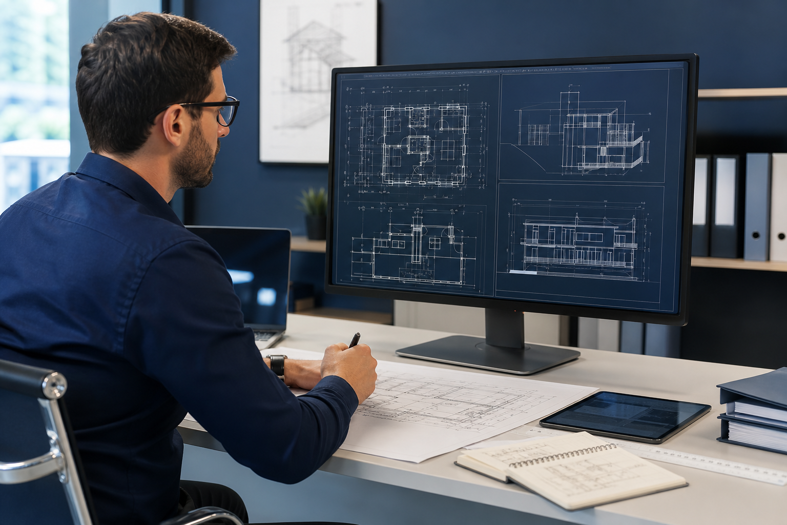 A man working on architectural blueprints at his desk with large computer monitors displaying building plans.