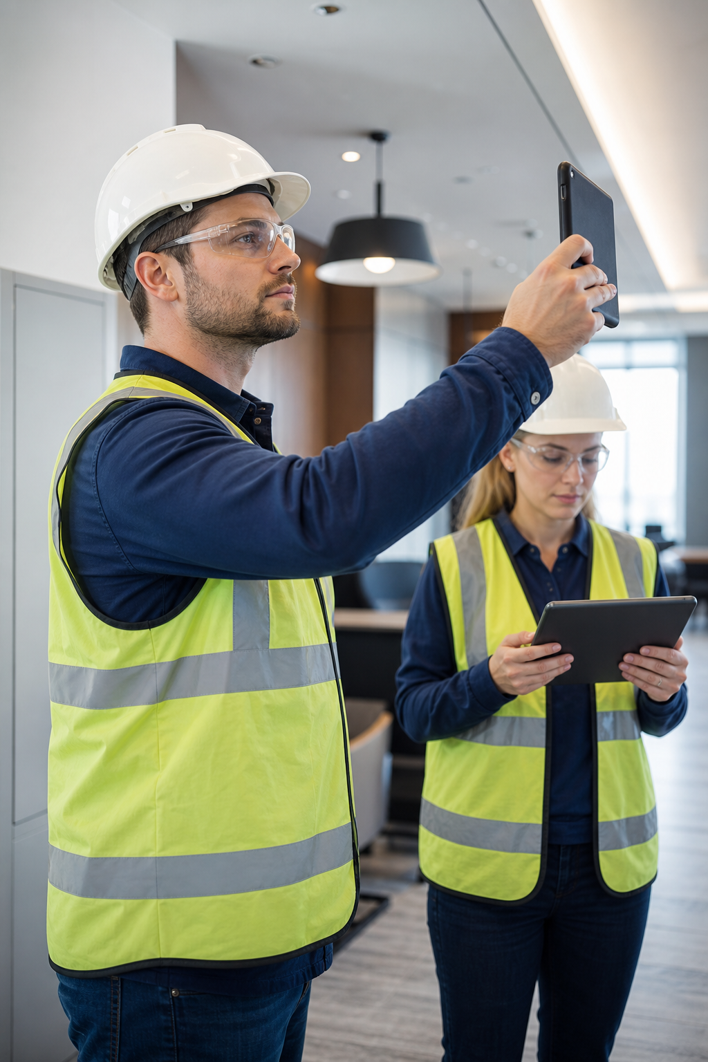Two construction workers wearing safety helmets, vests, and glasses using electronic tablets indoors.