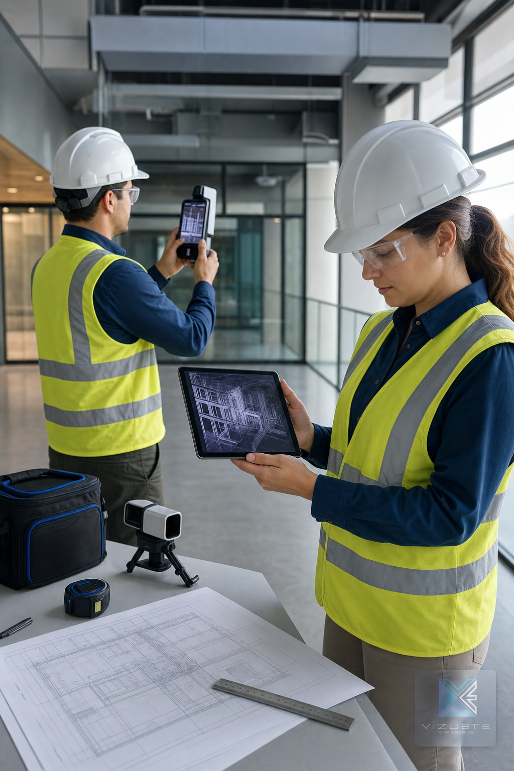 Two construction professionals in safety helmets and high-visibility vests inspecting blueprints and using digital devices inside a modern office building.