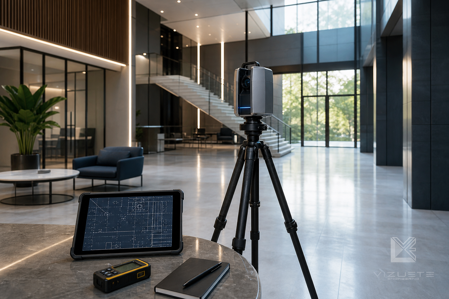 Interior of a modern building with a tripod-mounted 3D camera, a tablet showing a grid, a digital recorder, a notebook, and a pen on a table. Background features a staircase, large windows, and seating area.