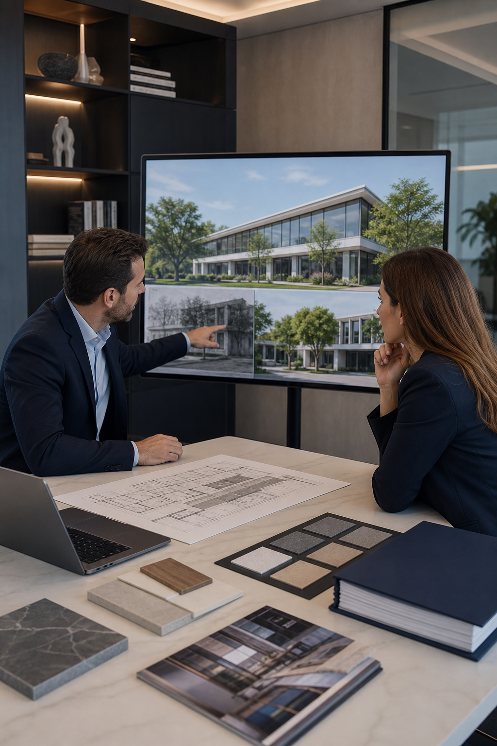 Two professionals discussing architectural plans and building designs in a modern office with large screens displaying building images.